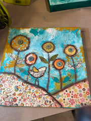 Birds and Blooms 12 x 12 ... Mixed Media Collage Workshop July 30th 6 pm