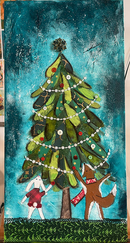 Fox and Bunny Trimming the Tree ... Original Painting