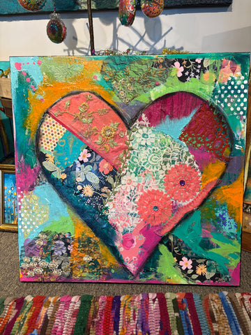 Vintage heart original painting and collage