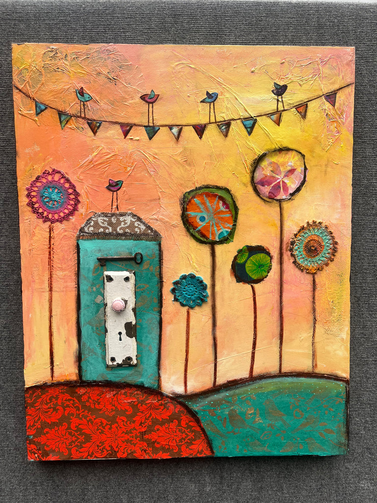 "Sunrise Village"....24" X 30"...Original Mixed media Painting and collage