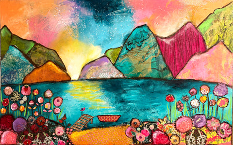 The Secret Lake  30" x 40"..Original Mixed media Painting and collage