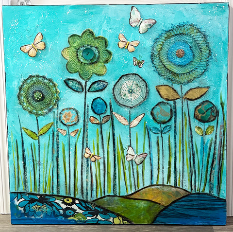 Butterfly Garden " 36 x 36..Original Mixed media Painting and collage
