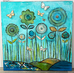 Butterfly Garden " 36 x 36..Original Mixed media Painting and collage