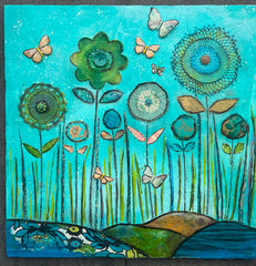 Butterfly Garden " 36 x 36..Original Mixed media Painting and collage