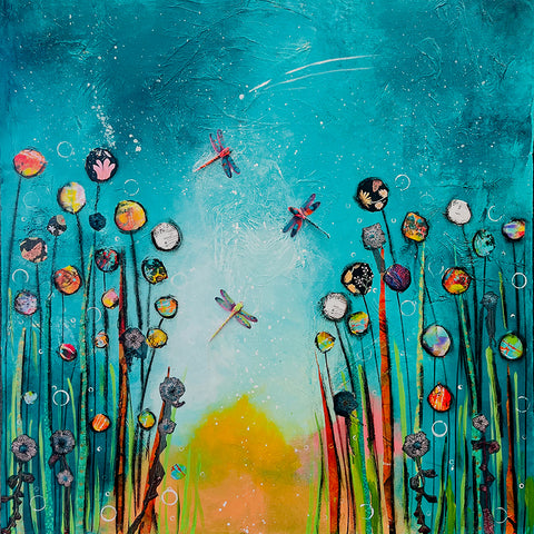 Dragonflies at Daybreak...36 x 36 Original Mixed media Painting and collage