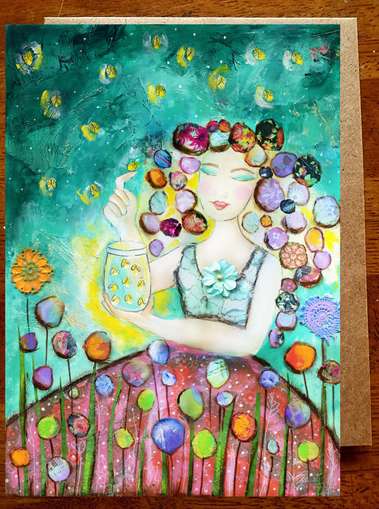 Girl with Fireflies...... Greeting Card
