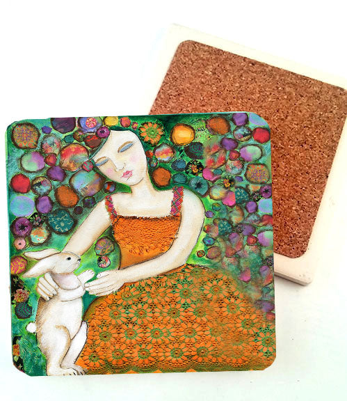 Girl with Bunny.....absorbent stone coaster