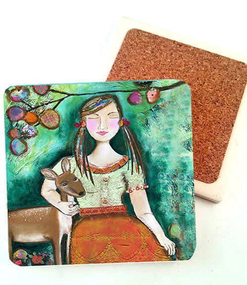 Girl with Deer. absorbent stone coaster