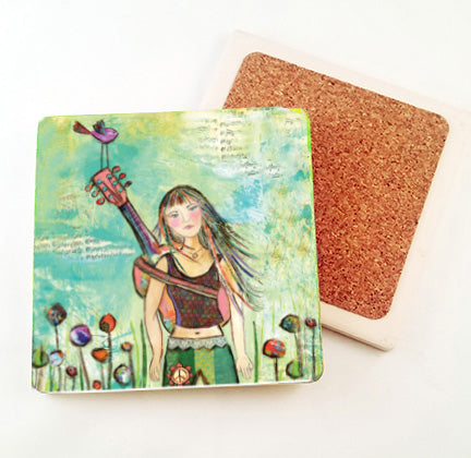Girl with Guitar .Absorbent Stone Coaster