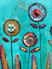 Joyous Poppies..18" X 24" Original Mixed media Painting and collage
