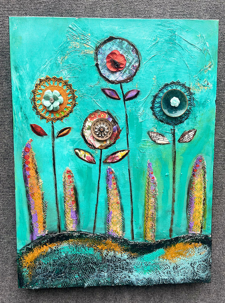 Joyous Poppies..18" X 24" Original Mixed media Painting and collage