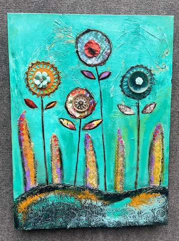 Joyous Poppies..18" X 24" Original Mixed media Painting and collage