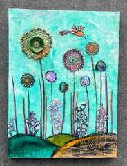 Hummingbird Meadow...Original Mixed media Painting and collage
