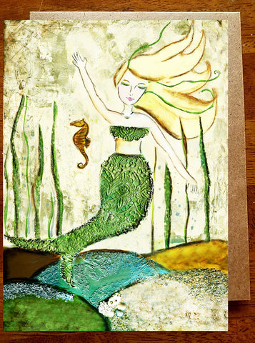 Mermaid with Seahorse.... 5 x 7 Greeting Card