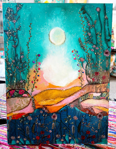"Moon Meadow" 30 x 40..Original Mixed media Painting and collage