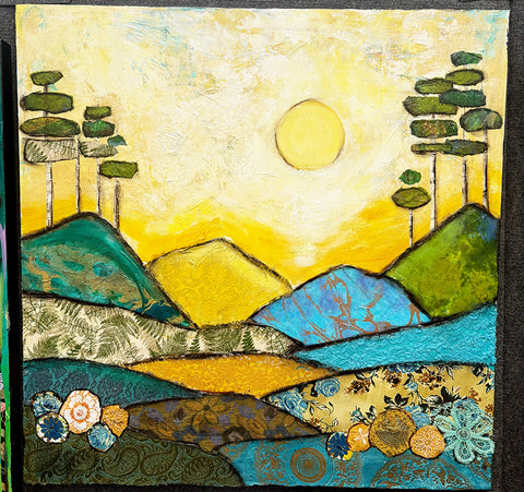 Sunrise in the Valley...36 x 36 Original Mixed media Painting and collage