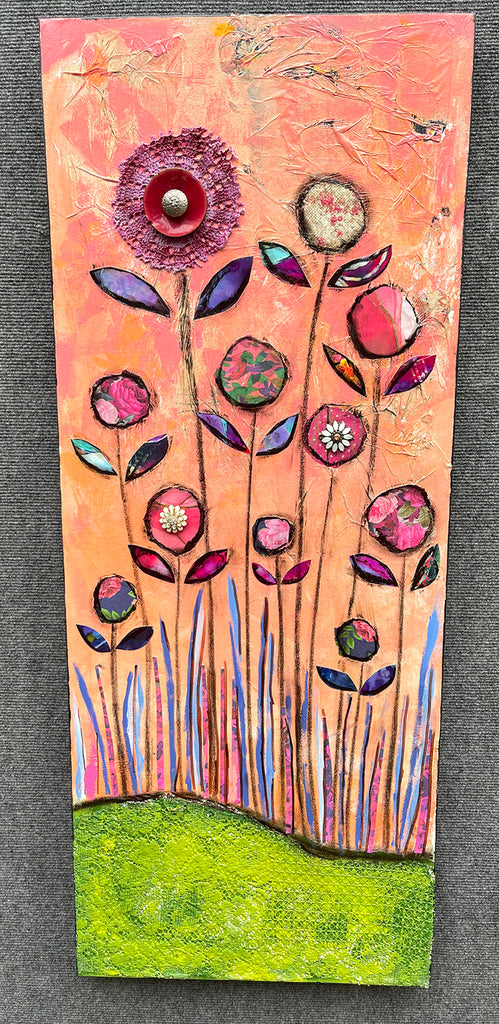 Pink Poppy Meadow..16" X 36"...Original Mixed media Painting and collage