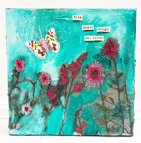 "With Brave Wings She Flies"  8" x 8"  Original Painting and Collage