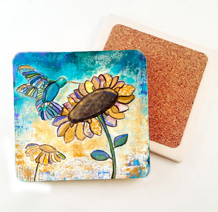 Sunflower with Hummingbird....Absorbent Stone Coaster