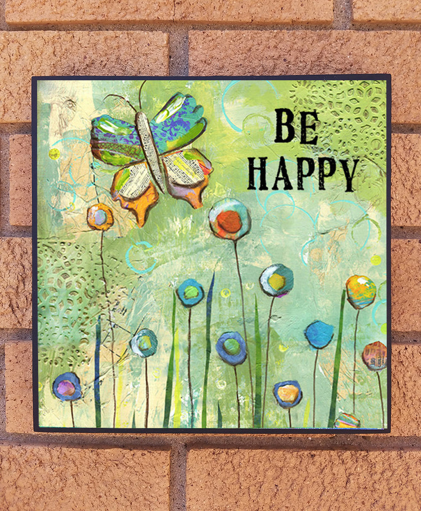 Be Happy. wood block print