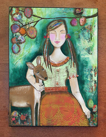 Girl with Deer..wood block print