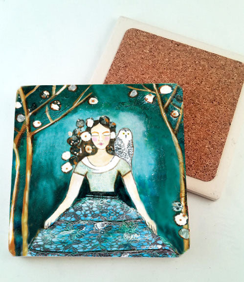 Girl with Owl...... absorbant stone coaster