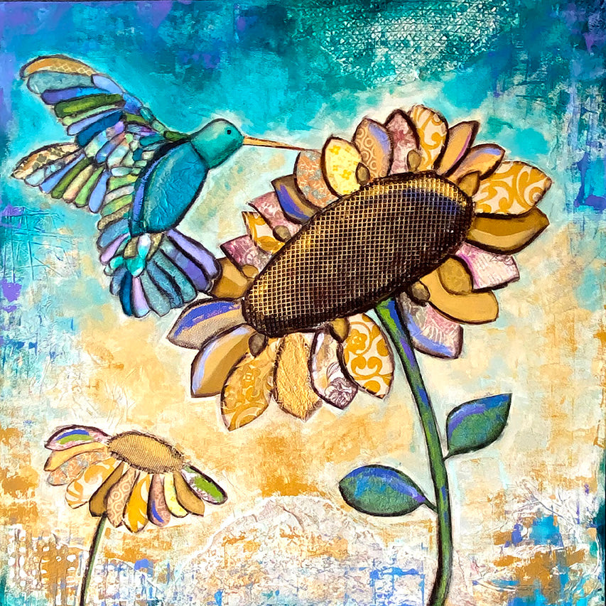 Hummingbird with Sunflower....48 x 48... Original Painting
