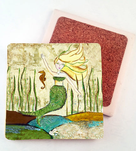 Mermaid with Seahorse.. absorbant stone coaster