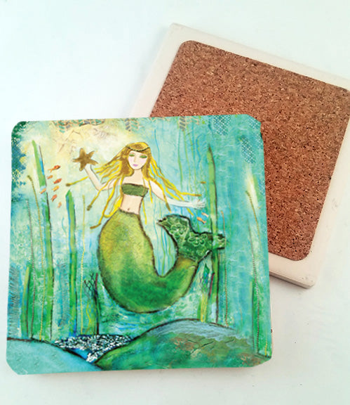 Mermaid with Starfish.. absorbant stone coaster