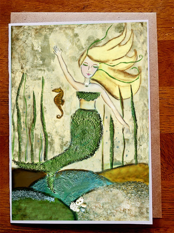 Mermaid with Seahorse.... 5 x 7 Greeting Card