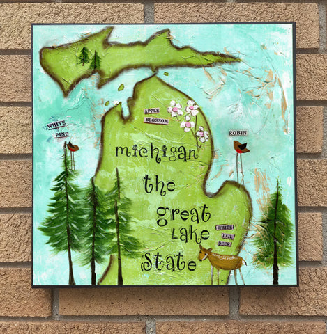 Michigan State Symbols. wood block print