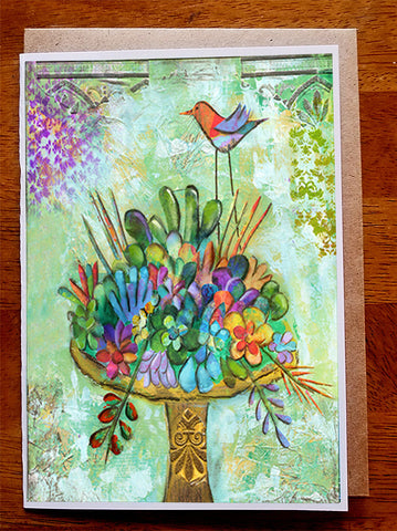 Succulent Bird Bath ..... 5 x 7 Greeting Card